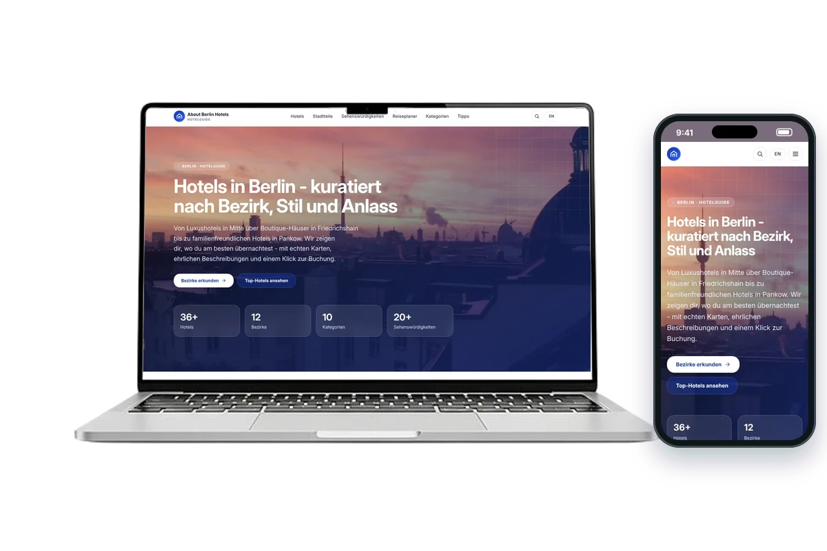 About Berlin Hotels website on desktop and mobile